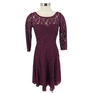 White House Black Market Fit Flare Dress Burgundy Lace 3/4 Sleeve A Line 4
